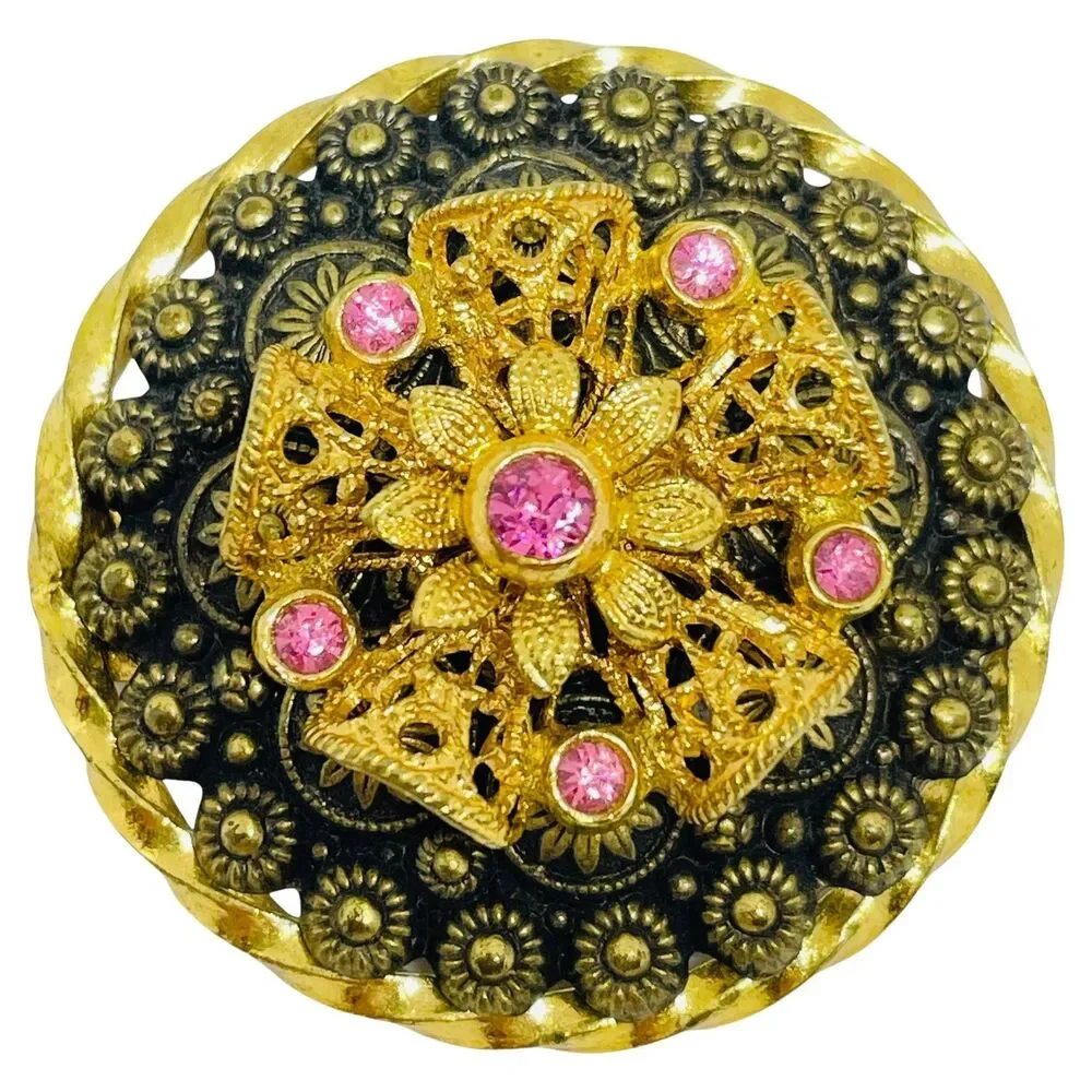 Vintage CZECHO signed gold plated pink rhinestones brooch